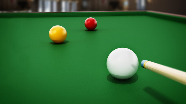 Billiards table, balls and cue. 3D illustration