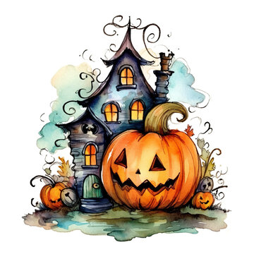 A watercolor painting of a halloween house. Generative AI.