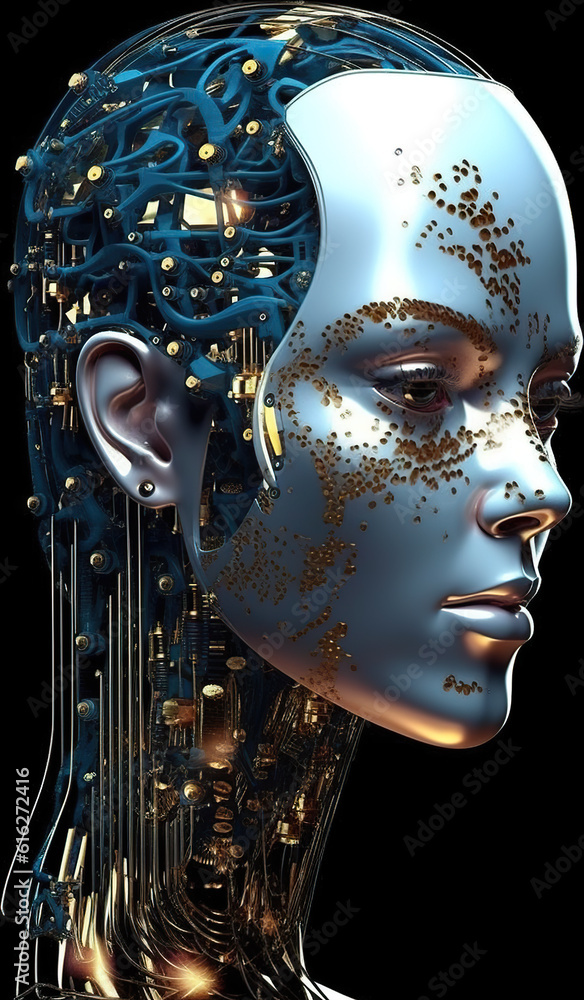 Poster a woman's head with a computer circuit on it. generative ai.