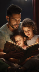 Latino Father Reading to Children
