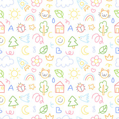 Seamless children's pattern with colorful funny doodles. Pattern with cute children's doodle drawings. illustration background.