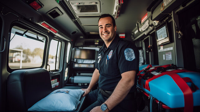 A paramedic in an ambulance, equipped with medical devices and ready to respond to emergencies with swift and skilled care Generative AI