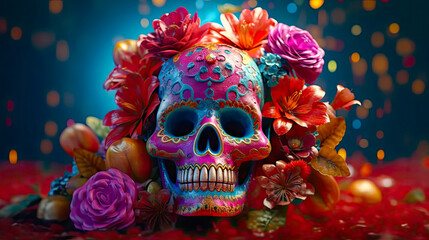 Obraz na płótnie Canvas Day of the dead skull and flowers, generative ai