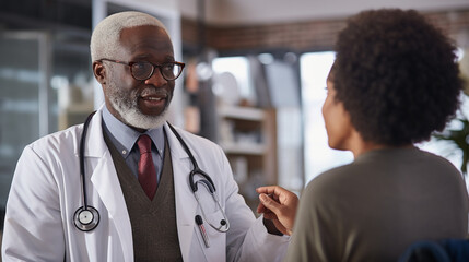 A dedicated medical worker in a white coat, holding a stethoscope and listening attentively to a patient's heartbeat Generative AI