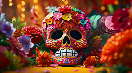 Day of the dead skull and flowers, generative ai