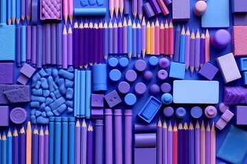 Background made of purple and lilac wooden crayons and other school equipment. Beginning of school year concept. Illustration. Generative AI