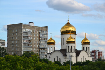 Fototapeta na wymiar Cityscape with Church of the Presentation of the Blessed Virgin Mary in Moscow, Russia