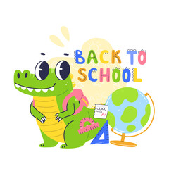 Back to school concept poster design with cute crocodile character. Happy baby crocodile with backpack and globe in cartoon flat style.