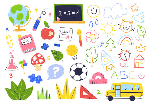 A set of school elements. Collection of flat school objects. Globe, school bus, blackboard, flask, ruler, soccer ball.