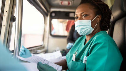 Fototapeta na wymiar A healthcare worker in a mobile clinic, providing medical services to underserved communities, promoting equal access to healthcare Generative AI