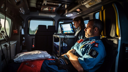A paramedic in an ambulance, equipped with medical devices and ready to respond to emergencies with swift and skilled care Generative AI