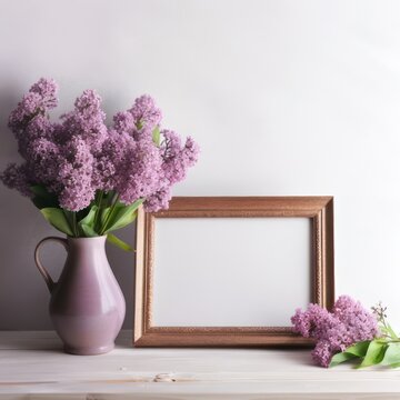 Vintage spring floral still life Blank picture frame mockup on old wooden bench, table Vase with bouquet of lilac, viburnum and tulips White wall background. Rustic interior created with Generative AI