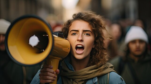 Female activist protesting with megaphone during a demonstration