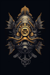 A gold and black clockwork mask on a black background. Generative AI.