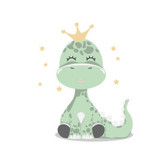 Cute cartoon dinosaur with a crown on his head. Dino Girl.