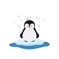 Cute cartoon penguin with a crown on his head. Flat design vector illustration.