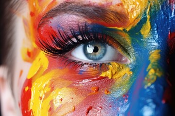 close up macro of a person with face painted with colorful rainbow colors.