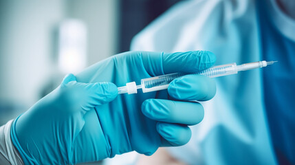 A close-up shot of a medical professional wearing surgical gloves and holding a syringe, ready to administer a vaccination Generative AI