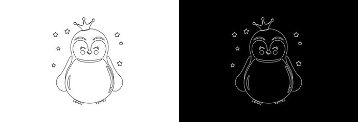 Cute cartoon penguin with a crown on his head. Children's coloring book.