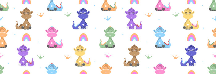 Many different dinosaurs and bright rainbow, seamless pattern. Wallpaper or gift wrapping.