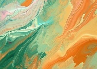 Digital illustration in fluid art style in green and orange colours. Abstract mixing of colored liquid paints
