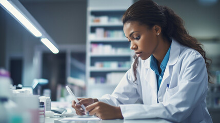 A pharmacist in a lab coat, carefully measuring medication and preparing prescriptions, ensuring accurate and safe dispensing Generative AI