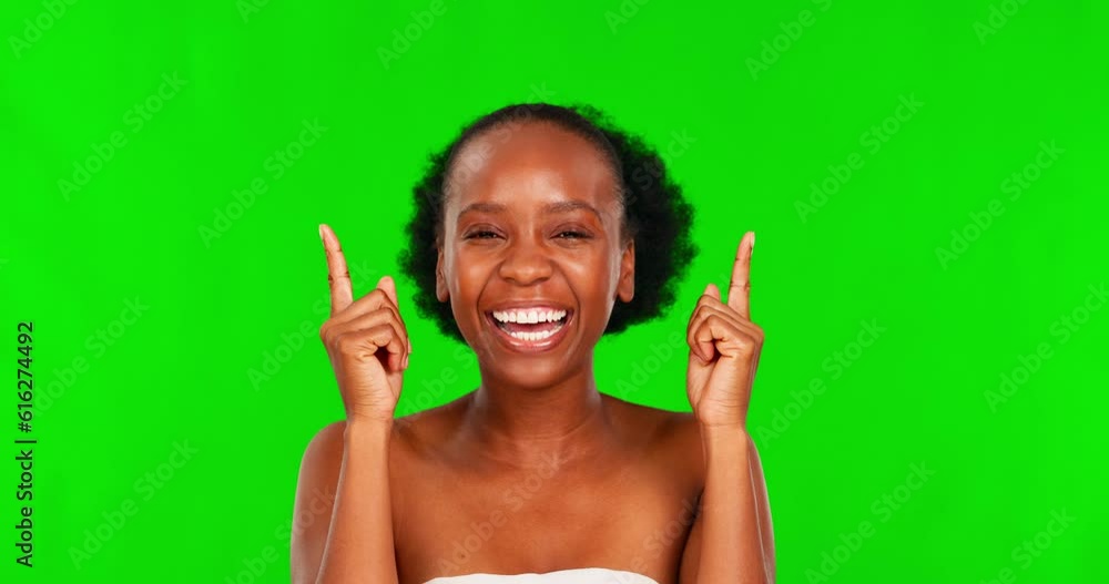 Wall mural Green screen, face and black woman with skincare, pointing up or excited on a studio background. Portrait, female person or model with hand gesture, announcement and cosmetics with wellness or choice