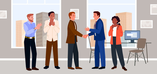 Cartoon team of greeting colleagues applauding to young woman, praise success scene at corporate office workplace. Handshake with respect of business leader and happy person vector illustration - obrazy, fototapety, plakaty