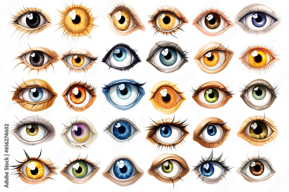 Poster set of drawn eyes isolated on white background. generated by ai.