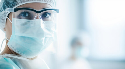A medical worker wearing a face mask and protective goggles, ready to perform a delicate procedure in a sterile environment Generative AI