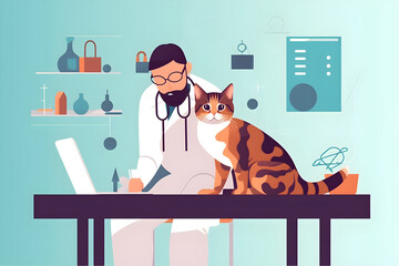  Flat vector illustration cat visiting vet for regular checkup 