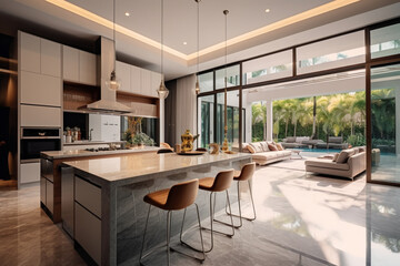 Sophisticated interior design of a pool villa highlighting a kitchen area with island counter Generative AI