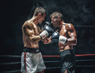 Two boxers in the ring fighting each other on black smoky background,
