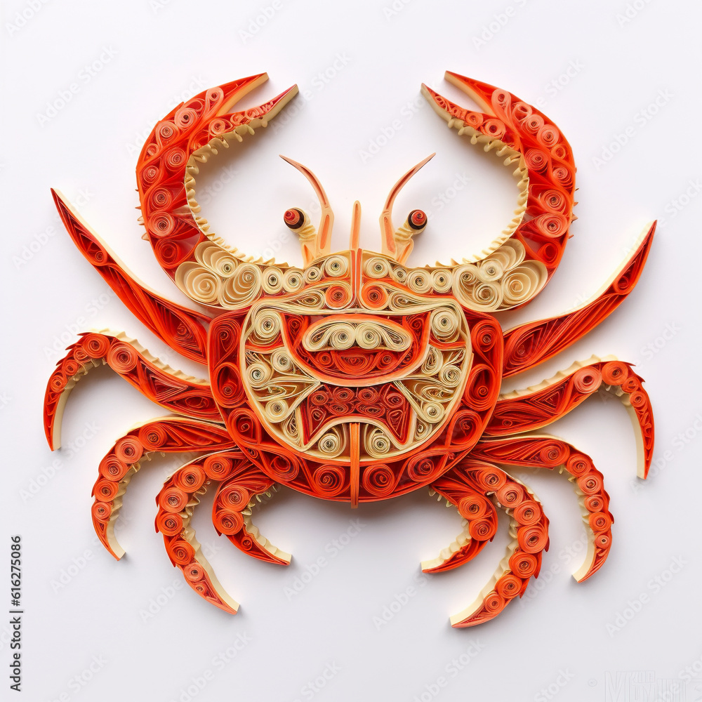 Poster a crab made out of quilled paper on a white surface. generative ai.