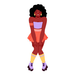 Girl dancing on roller skates vector illustration. Cartoon isolated young beautiful woman wearing boots with wheels, trendy fashion top and skirt to move and dance, showing dance pose to music