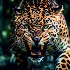 Angry Jaguar in forest - front view - AI generated
