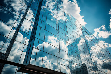 Obraz premium Reflective skyscrapers, business office buildings. Low angle photography of glass curtain wall details of high-rise buildings.The window glass reflects the blue sky and white clouds. High quality