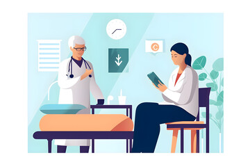  Flat vector illustration caring doctor teaches female patient to use mobile healthcare app retired lady sitting in hospital exam room looking at cell screen learning to download health tracker for se