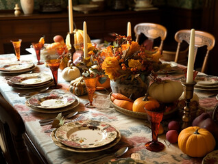 Pumpkins and candles on rustic autumn table for Thanksgiving day family home dinner. Fall traditional holiday food. Generative AI
