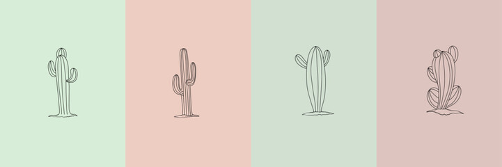 Vector set of cactus illustrations in minimal linear style, hand drawn desert cactuses, minimal floral line art drawing © nastyasklyarova