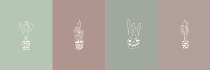 Vector set of cactus illustrations in minimal linear style, hand drawn cacti in pots, minimal floral line art drawing © nastyasklyarova