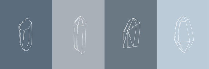 Vector set of hand drawn crystals illustrations in minimal linear style, minimal line art drawing