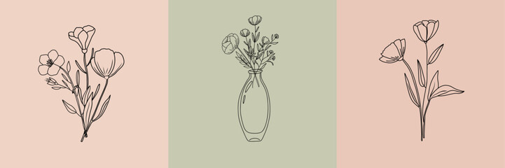 Vector set of botanical illustrations in minimal linear style, minimalistic modern flower logo