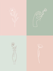 Vector set of botanical illustrations in minimal linear style, hand drawn elegant wildflowers, female hand and vintage glass vase, minimal floral line art drawing, pre-made art poster