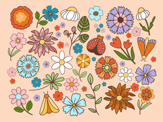 Groovy flowers vector set, retro wildflowers clipart, moths and lady bug vector illustration - 616275857