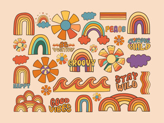 Fototapeta premium Retro groovy elements vector set; hippie, flower, rainbow, peace, happy, daisy; trendy retro psychedelic cartoon style