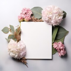 Wedding, birthday stationery mock-up scene. Blank white paper greeting card, invitation. Closeup of pink roses petals, peonies, hydrangea flowers and eucalyptus leaves created with Generative AI