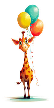 A cartoon giraffe holding a bunch of balloons. Generative AI.