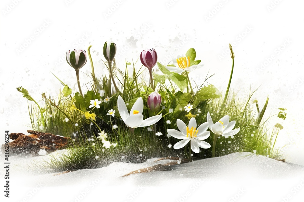 Poster spring snow isolated on white background. Generated by AI.
