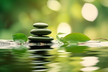 Zen stones pyramid on water surface, green leaves over it | Generative AI